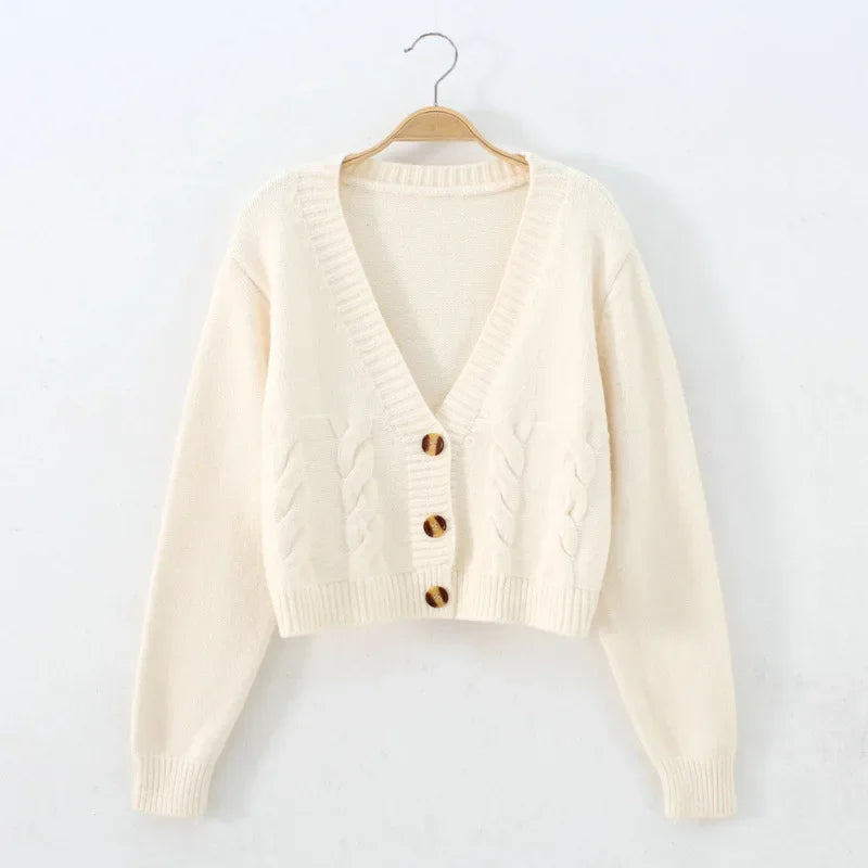 V-Neck Cropped Cardigan – Twist Knitted, Long Sleeve, Warm Autumn Winter Korean Jacket