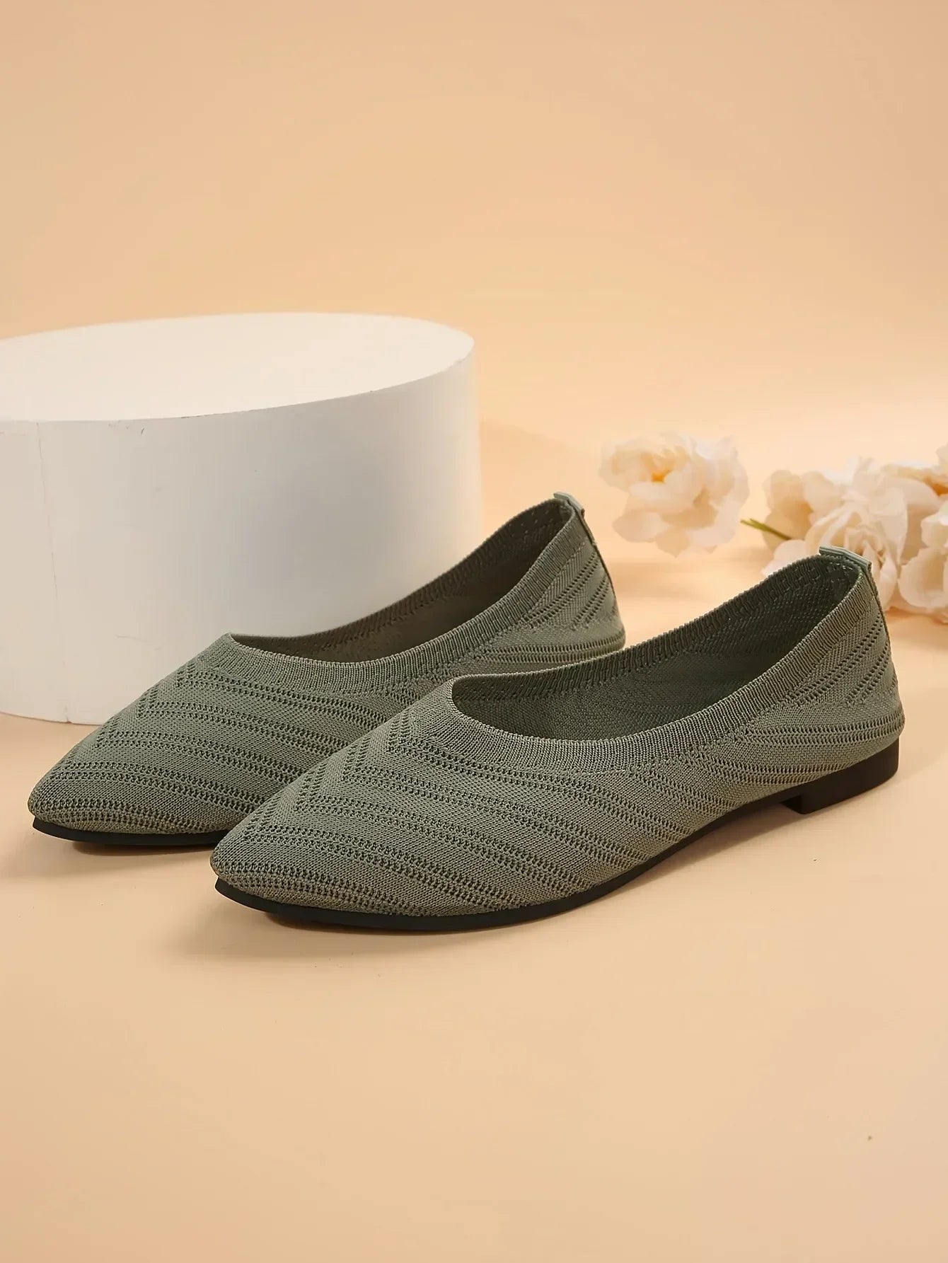 Pointed Toe Flats - Solid Color Knitted Slip-On Office Shoes, Casual Ballet Flats, Women's Loafers, Zapatos de Mujer