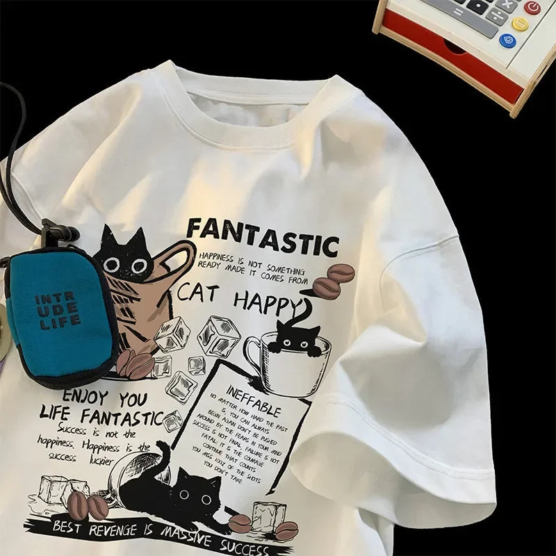 Oversized Cartoon Cat T-Shirt – Unisex Korean Style, Casual Short Sleeve Couple Tee