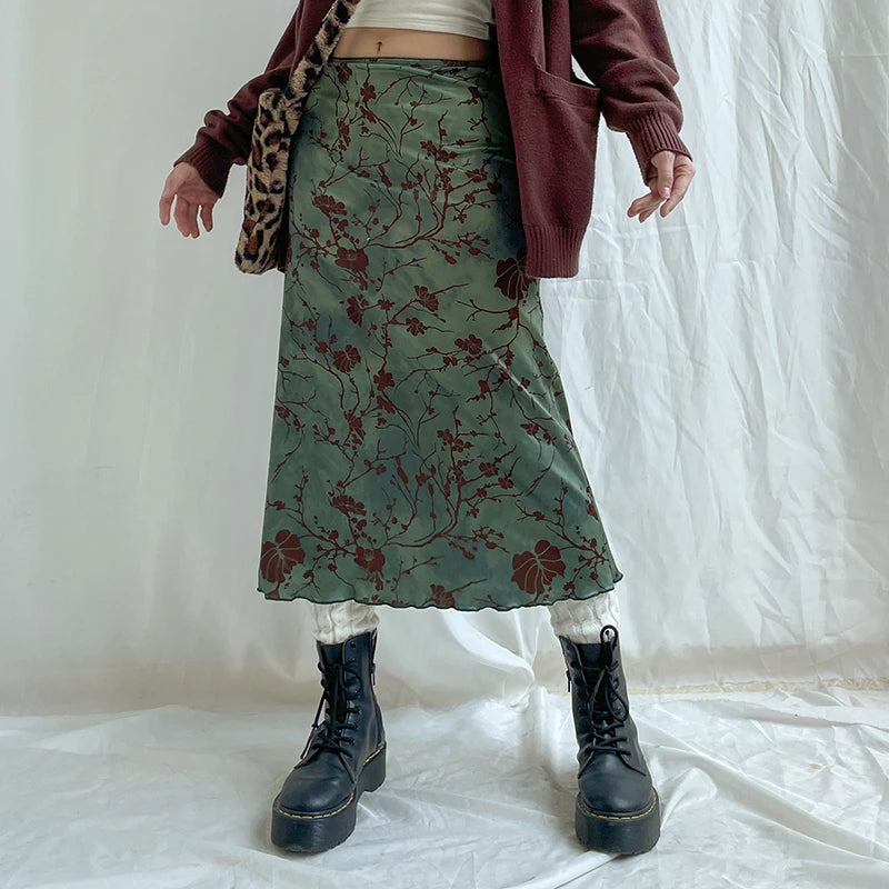 Floral Print Long Skirt – Vintage Low-Rise, Straight Midi, Spring Summer, Y2K Style