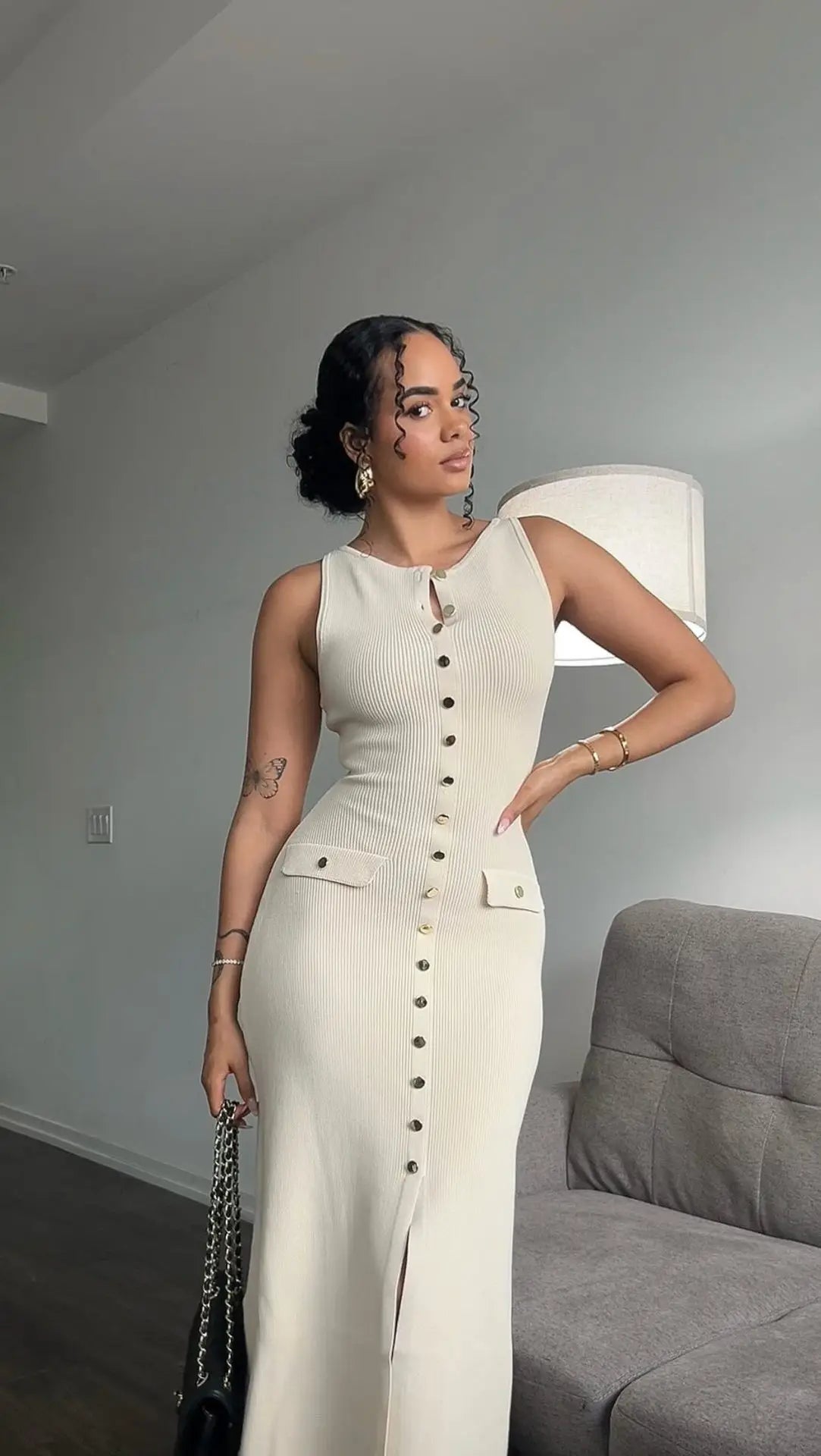 Knit Ribbed Cardigan Maxi Dress – High Waist, Slim Fit, Pocket Design, Sleeveless, Elegant, Party Dress, Women's Knitwear, Long Dress