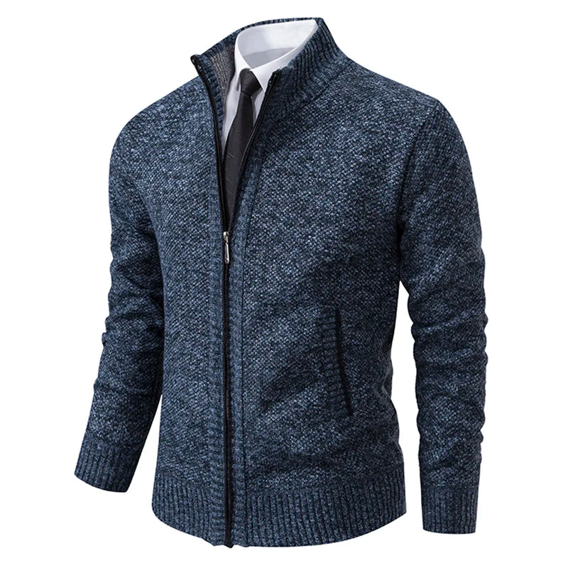Jersey Men's Casual Sports Coat – Solid Color Stand Collar Sweater, Fleece-Lined, Warm Zipper Cardigan