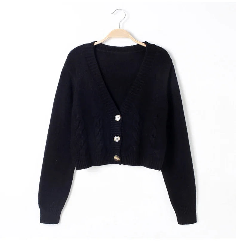 V-Neck Cropped Cardigan – Twist Knitted, Long Sleeve, Warm Autumn Winter Korean Jacket