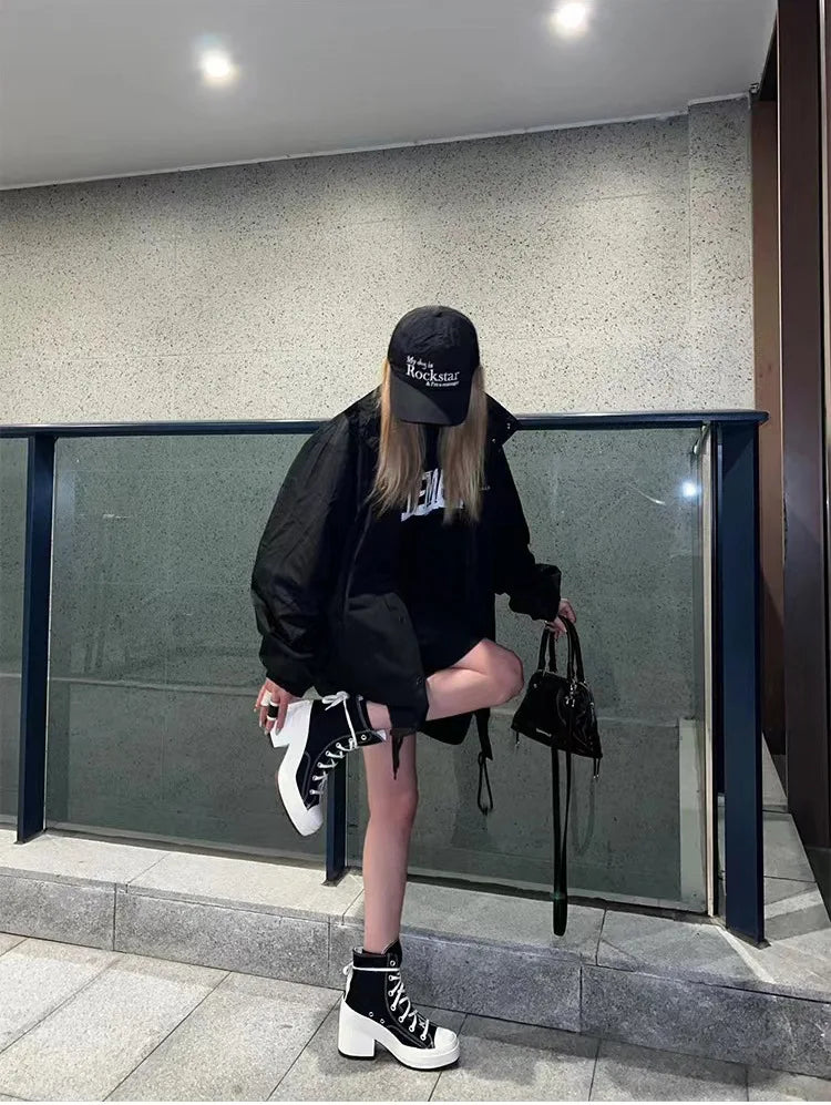 Platform Sneakers - Canvas Lace-Up Personalized Luxury Heels, Skateboard Style Casual Outdoor Fashion Shoes for Women