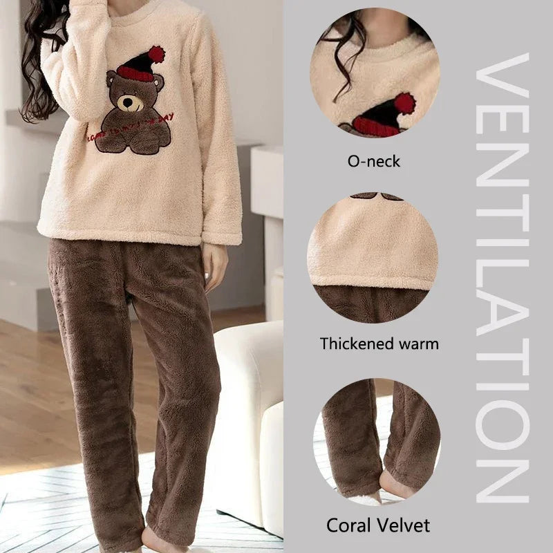 Thickened Warm Large Size Padded Fall and Winter Women's Pajamas – Top and Pants Set, Coral Velvet with Cartoon Bear, 2PCS/Set