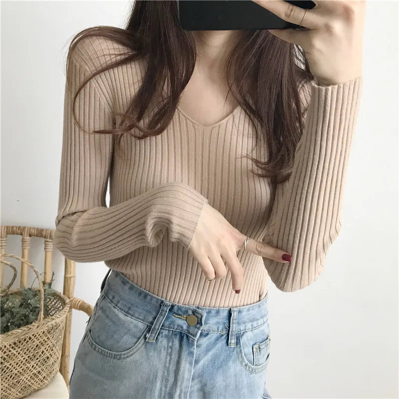 Korean V-Neck Knitted Sweater – Slim Fit, Autumn Winter Pullover, Fashion Jumper for Women