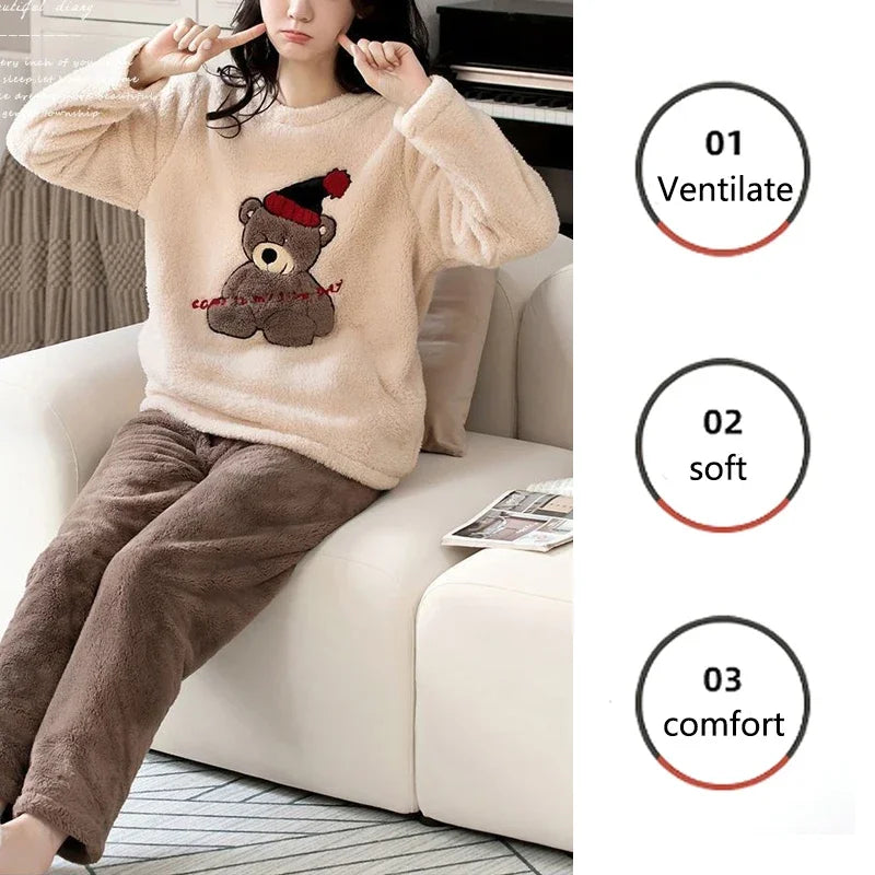 Thickened Warm Large Size Padded Fall and Winter Women's Pajamas – Top and Pants Set, Coral Velvet with Cartoon Bear, 2PCS/Set