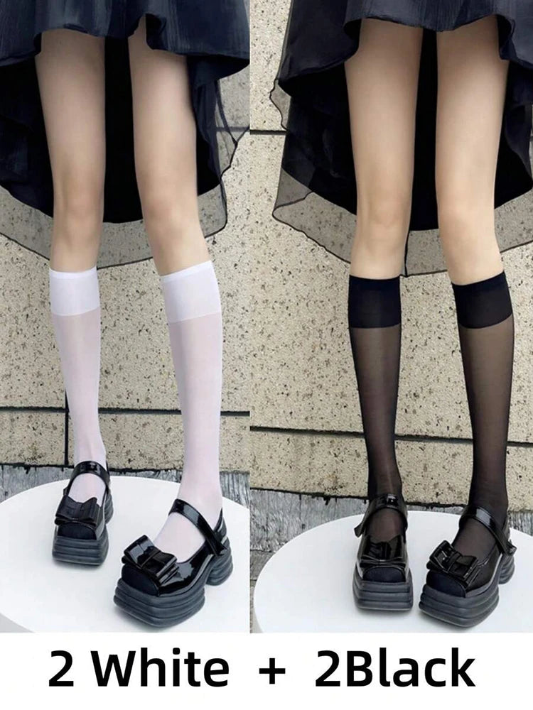 4 Pairs Black White Semi-Transparent Nylon Socks – Classic, Versatile, Comfortable, Breathable, Suitable for Daily Wear
