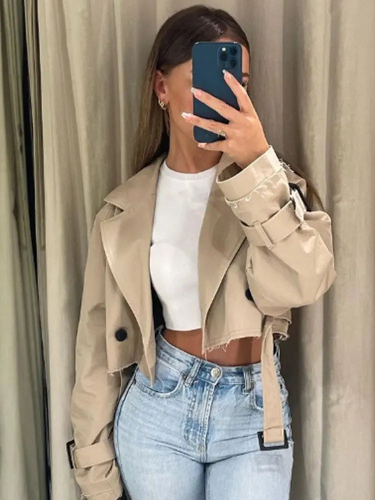 Belted Cropped Trench Jacket – Vintage Double-Breasted Spring Coat, Long Sleeve Streetwear