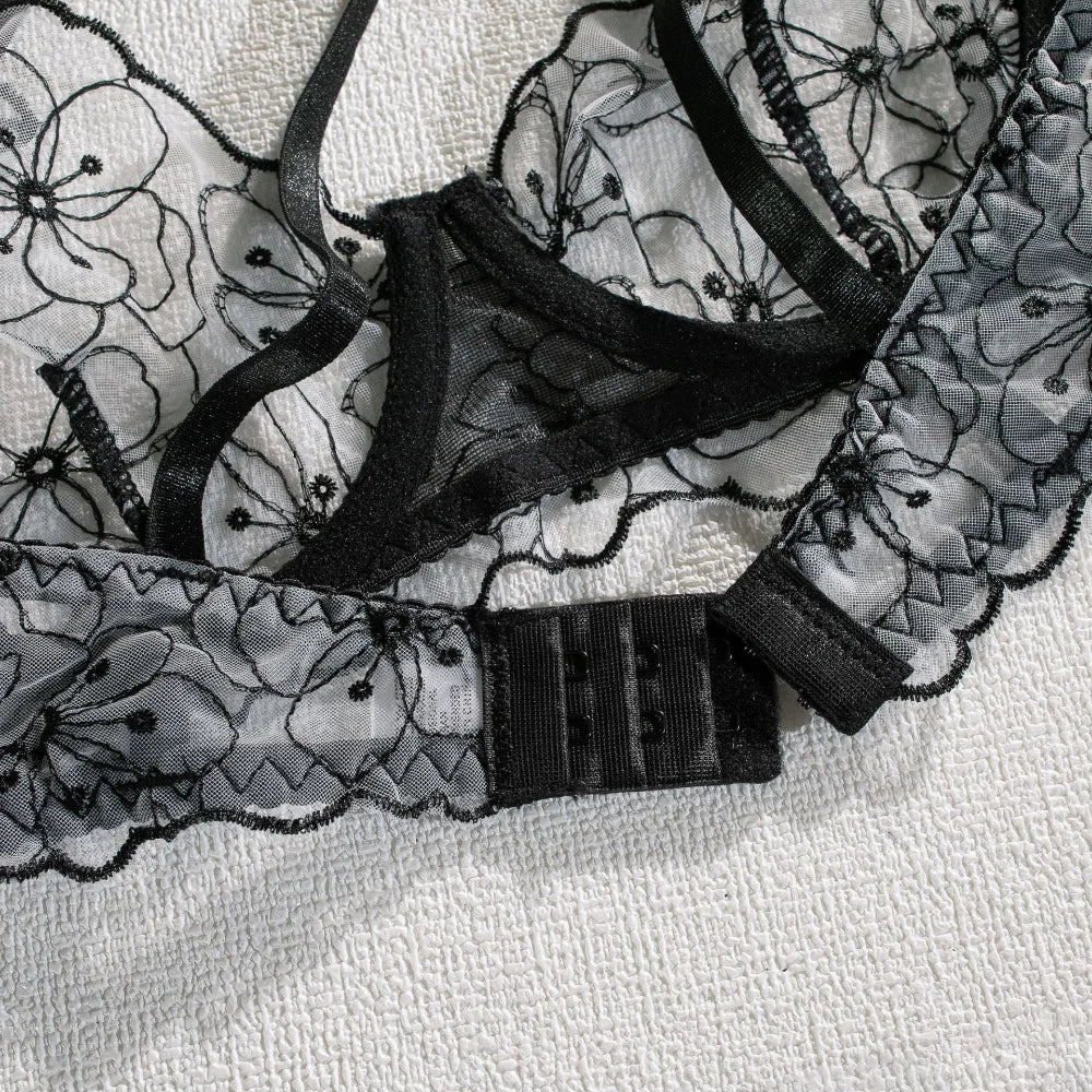 Floral Embroidery Erotic Set – Women's Transparent 3PCS Lingerie Set with Garter, Available in 3 Colors