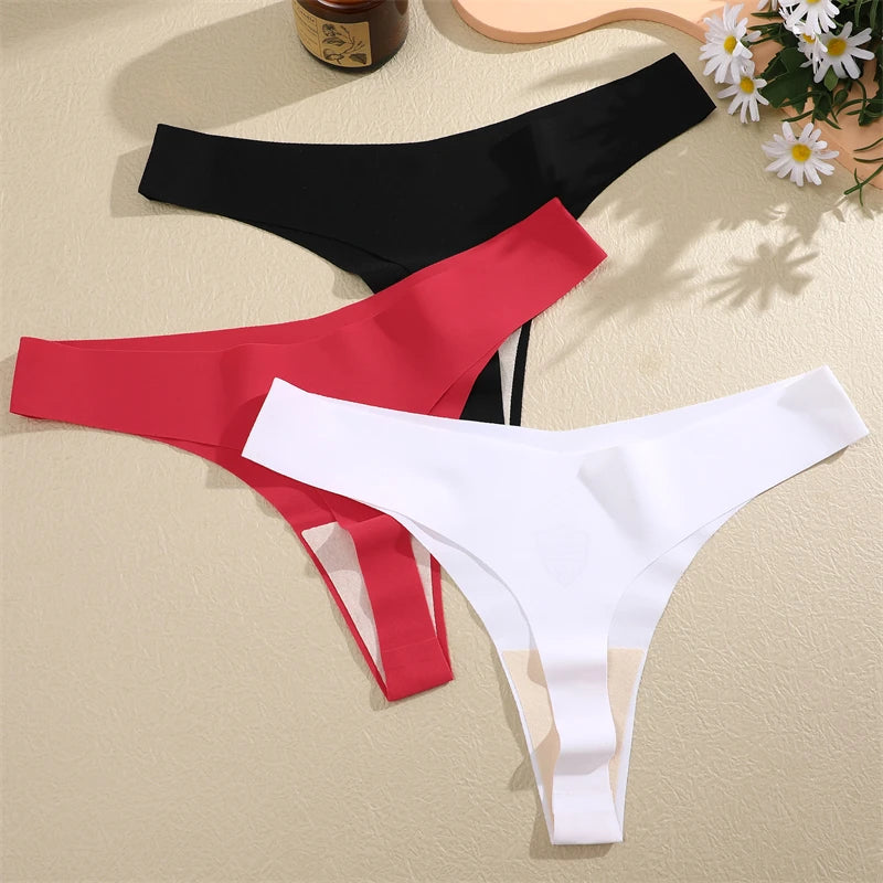 3PCS Women Ice Silk Seamless Thongs – Sexy V-Waist, Low Rise, Sporty, Breathable, 10 Solid Colors