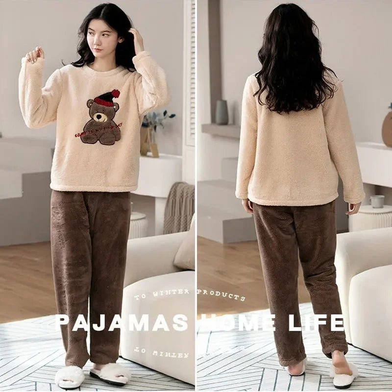 Thickened Warm Large Size Padded Fall and Winter Women's Pajamas – Top and Pants Set, Coral Velvet with Cartoon Bear, 2PCS/Set