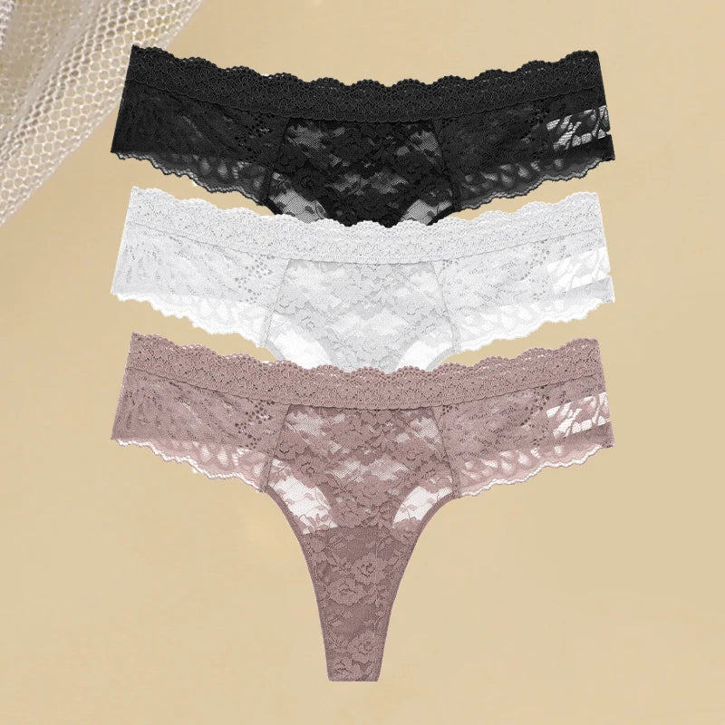 3PCS Lace Hollow Out Thong Panties – Sexy Floral Print, Solid Color, Low Waist, Breathable G-String Lingerie