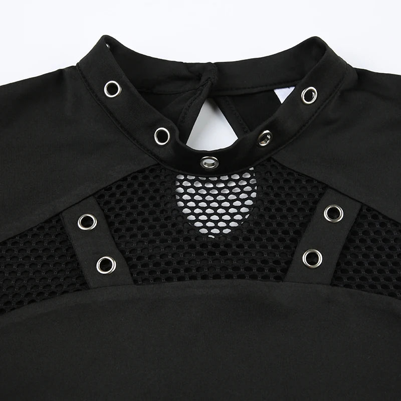Goth Mesh Patchwork Crop Top – Sexy Hollow-Out, Long Sleeve, Eyelet Detail, Punk Style, Slim Fit Streetwear Tee