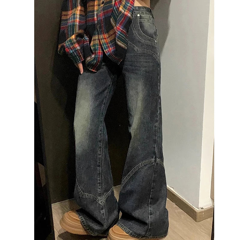 Y2K Wide Leg Jeans – High Street Style, Splicing Design, Loose Fit, High Waist, Slimming Flare