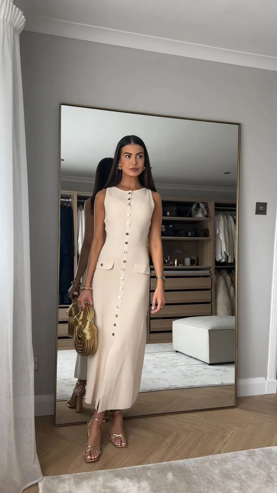 Knit Ribbed Cardigan Maxi Dress – High Waist, Slim Fit, Pocket Design, Sleeveless, Elegant, Party Dress, Women's Knitwear, Long Dress