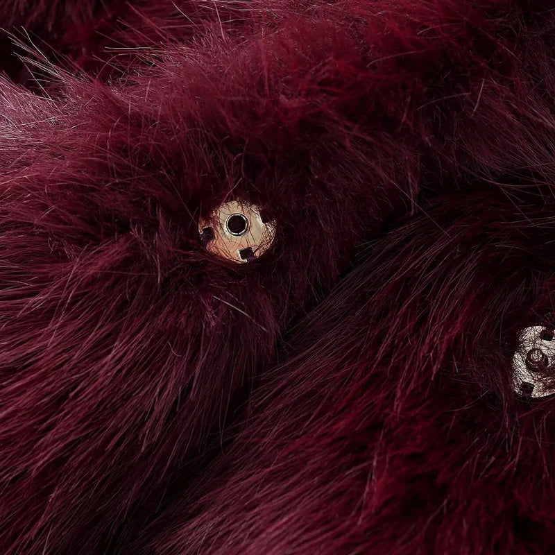 Women's Fur Coat – Plush Burgundy Bomber, Cropped Long Sleeve, Warm Winter Casual Jacket