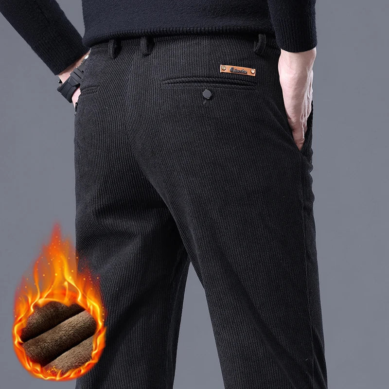 Fleece Men's Corduroy Casual Pants – Chenille Thick Stretch, Mid-Rise, Business Trousers, Winter Thermal Brand Pants
