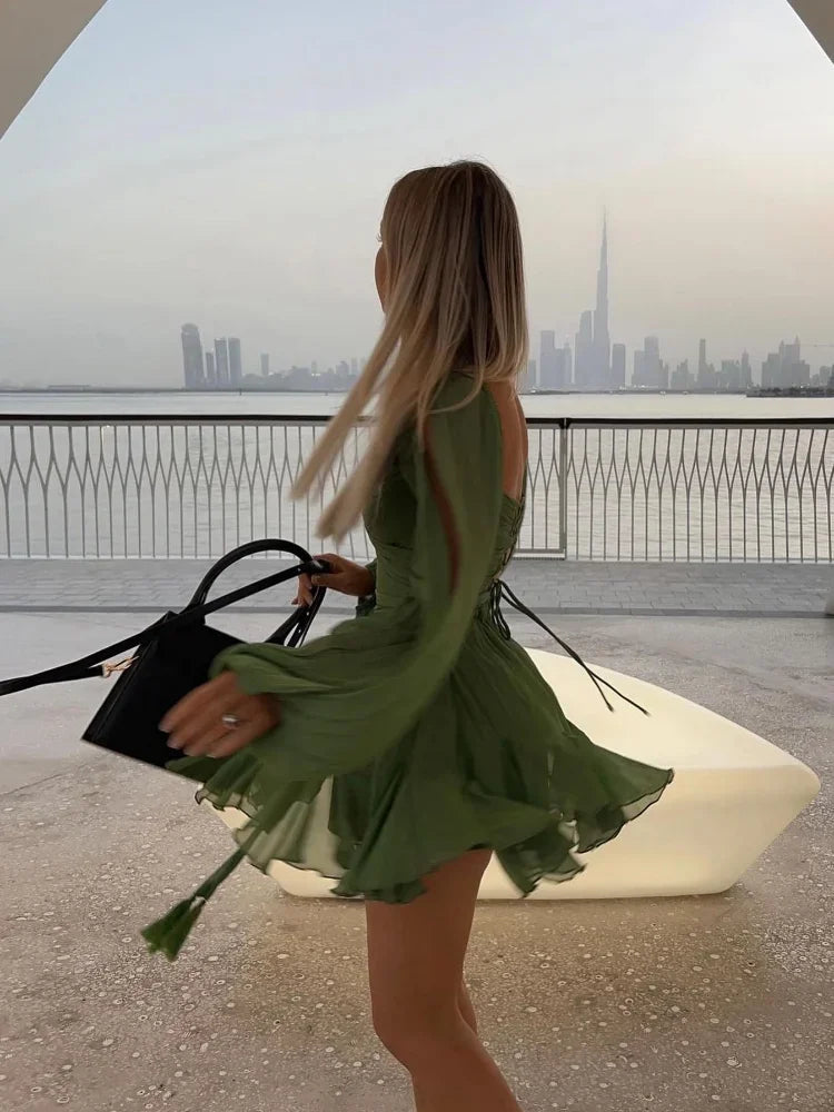 Women’s Chiffon Pleated Mini Dress – High Waist, Lace-Up, Hollow Out, Full Sleeve, A-Line