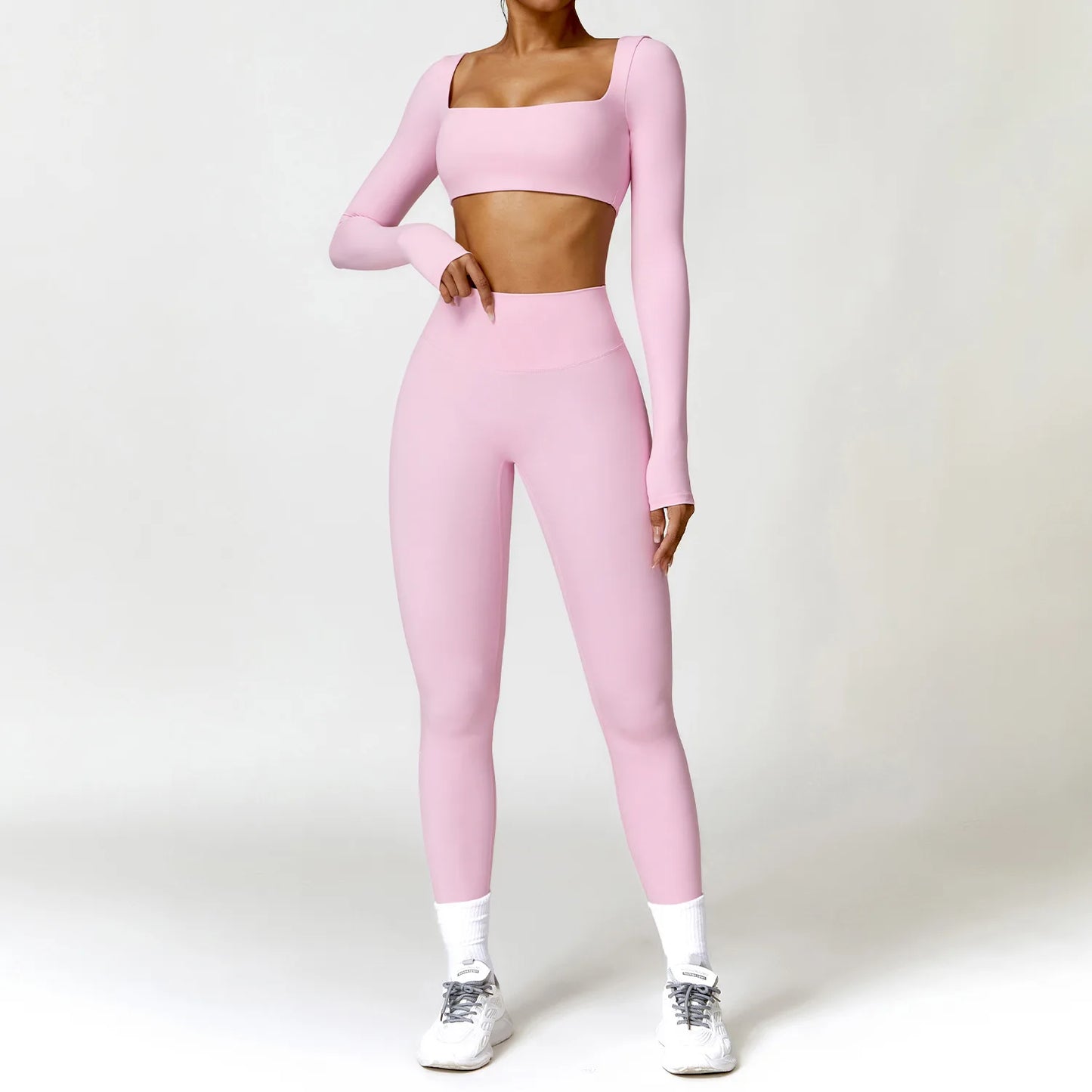 2PCS Women's Yoga & Gym Set – Quick-Dry Long Sleeve Sports Shirt & Leggings for Running & Workout