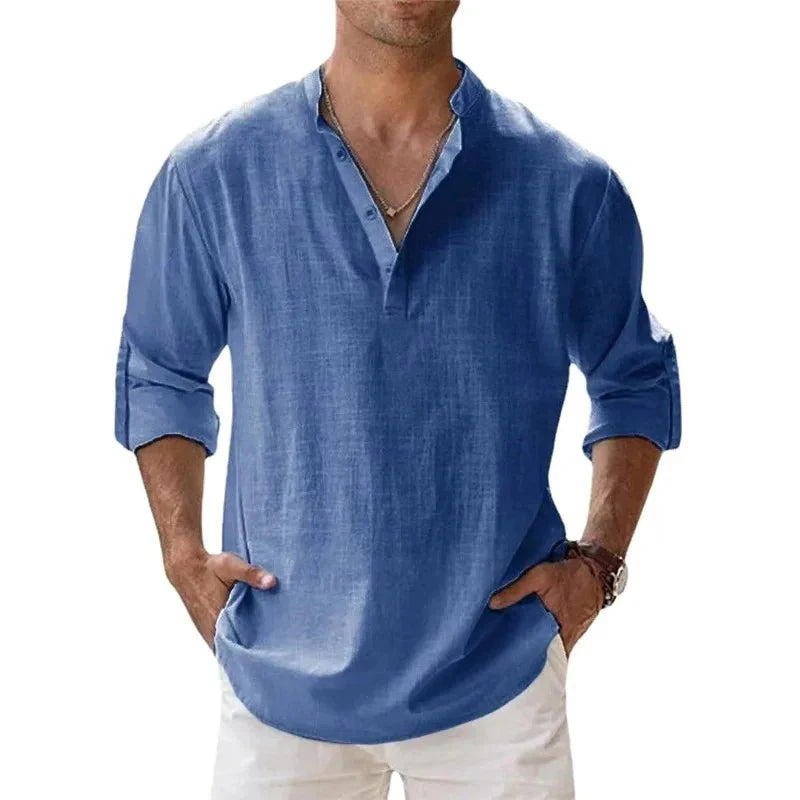 Streetwear Men Lightweight Shirts – Long Sleeve Henley Cotton Linen Shirts for Men, Beach Hawaiian Shirts, Breathable Collar T-shirts