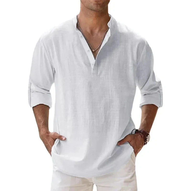 Streetwear Men Lightweight Shirts – Long Sleeve Henley Cotton Linen Shirts for Men, Beach Hawaiian Shirts, Breathable Collar T-shirts
