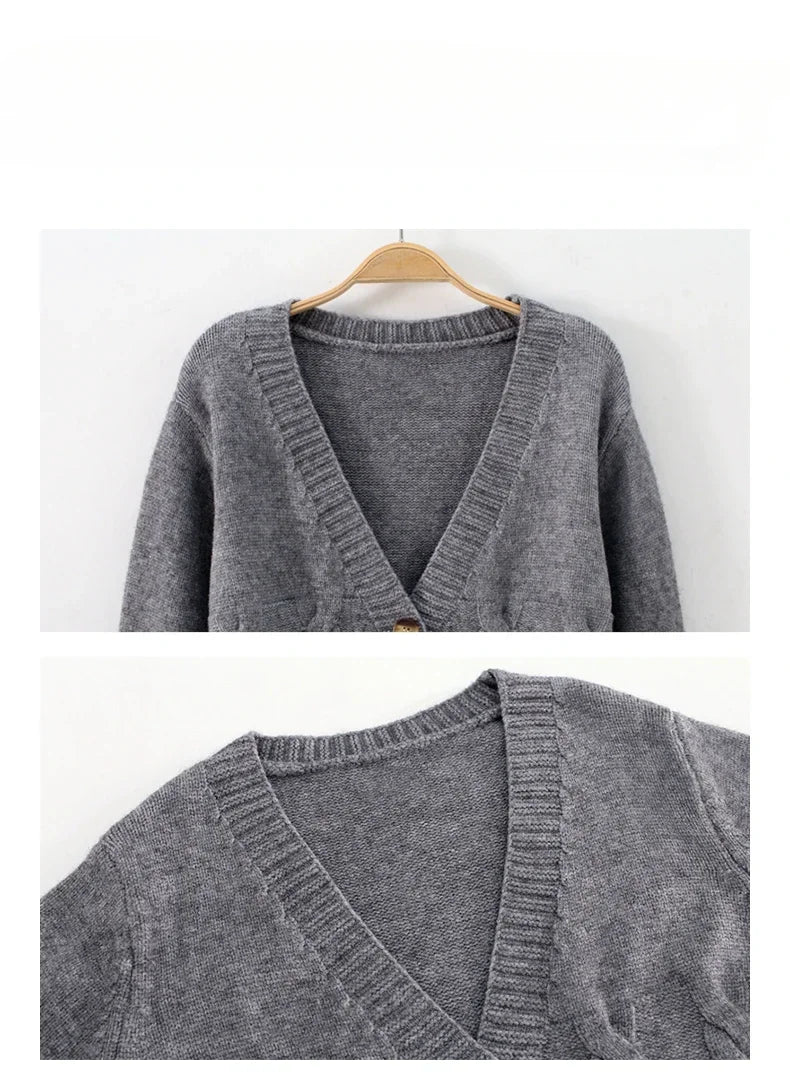 V-Neck Cropped Cardigan – Twist Knitted, Long Sleeve, Warm Autumn Winter Korean Jacket