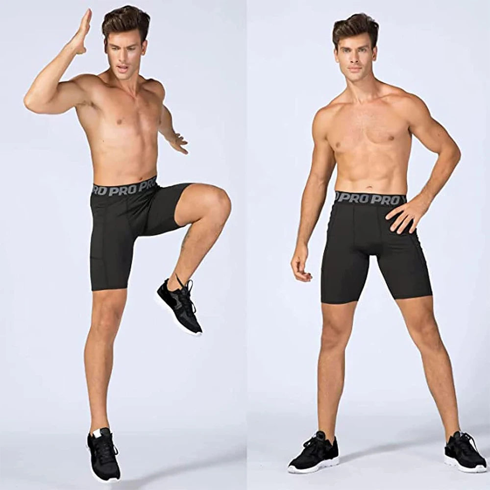 Men's Gym Shorts with Pockets – Workout Compression Leggings, Polyester Boxer Briefs, Running, Basketball, Athletic Tights