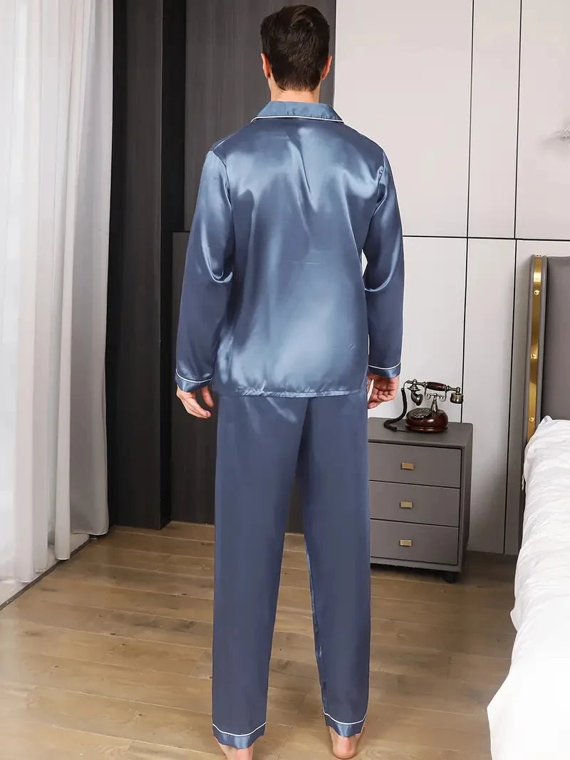 Men's Pajama Set – Microfiber Silk, Long Sleeve Shirt, Comfortable Nightwear, Plus Size Home Loungewear