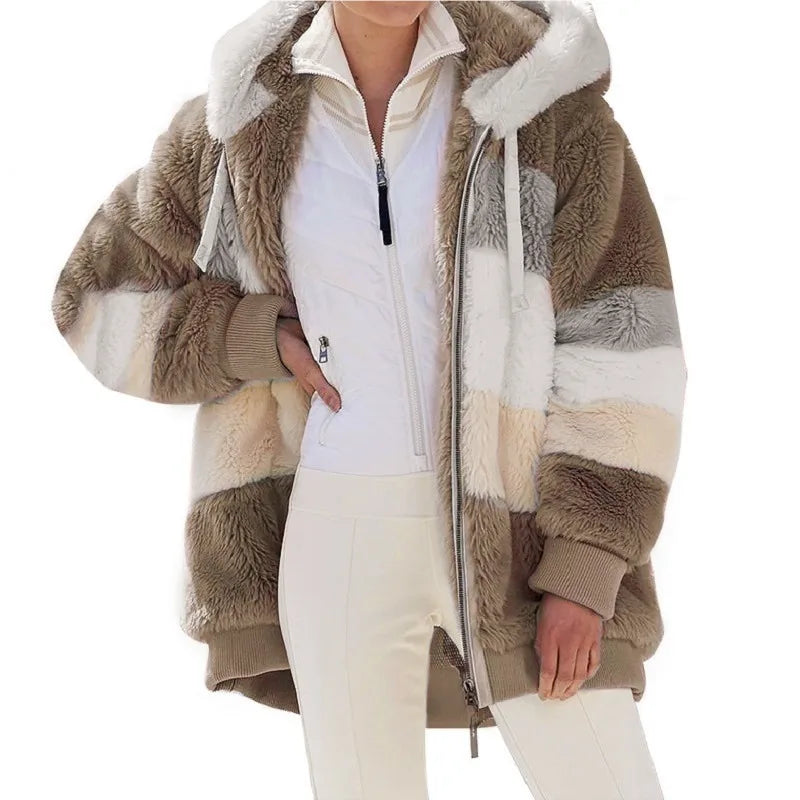 Oversized Hooded Jacket for Women – Warm Plush, Pockets, Loose Streetwear Outerwear for Autumn & Winter