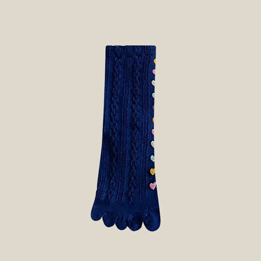 Colorful Heart Braid Five Finger Socks for Women – Spring Autumn, Middle Tube, Cotton, Breathable, Crew Socks, Streetwear