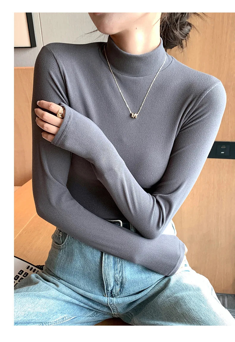 Knitted Half-Turtleneck Pullover – Elegant Korean Fashion, Long Sleeve, Women’s Sweater Jumper