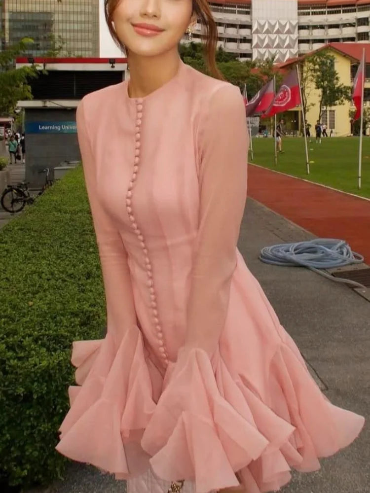 Luxury O-Neck Pink Ruffle Button Dress – Long Sleeve, High Waist, Fashionable Short Evening Prom Dress for Women