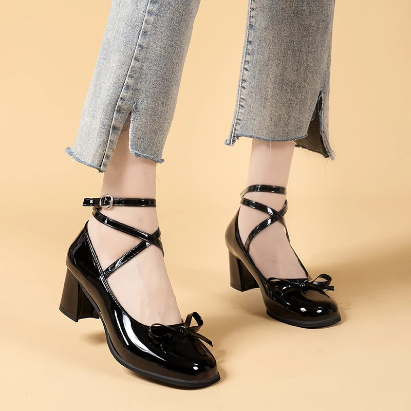 Black Retro Cross-Tie Pumps – Casual Summer Round Toe Shoes, Sweet Bow Design for Women