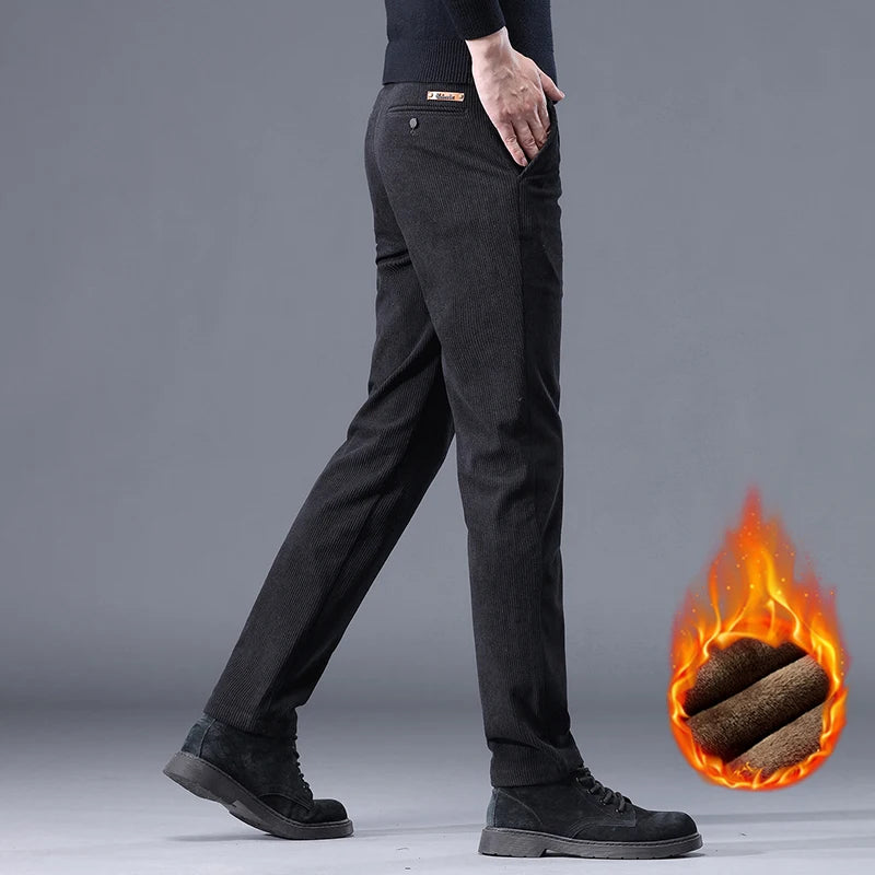 Fleece Men's Corduroy Casual Pants – Chenille Thick Stretch, Mid-Rise, Business Trousers, Winter Thermal Brand Pants