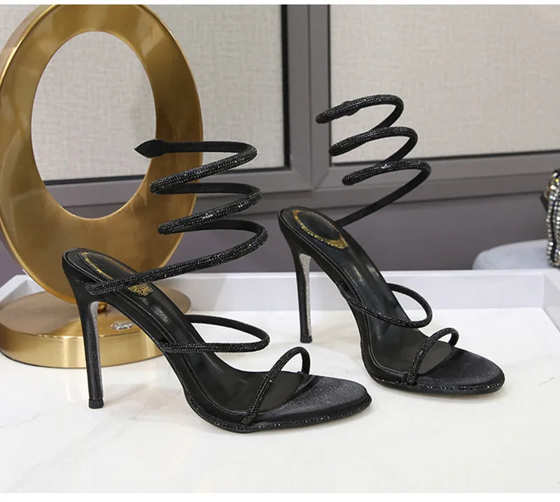 Snake Twine Around Crystal Sandals - Luxury Rhinestone Thin High Heels Gladiator Sandals, Party Prom Fashion Shoes for Women, Summer