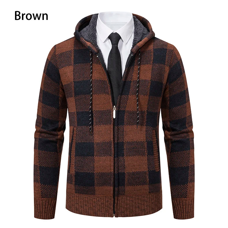 Men's Cardigan – Fashion Plus Velvet Padded Knit Jumpers, Male Sweater, Hooded Plaid Korean Luxury Brand Coat