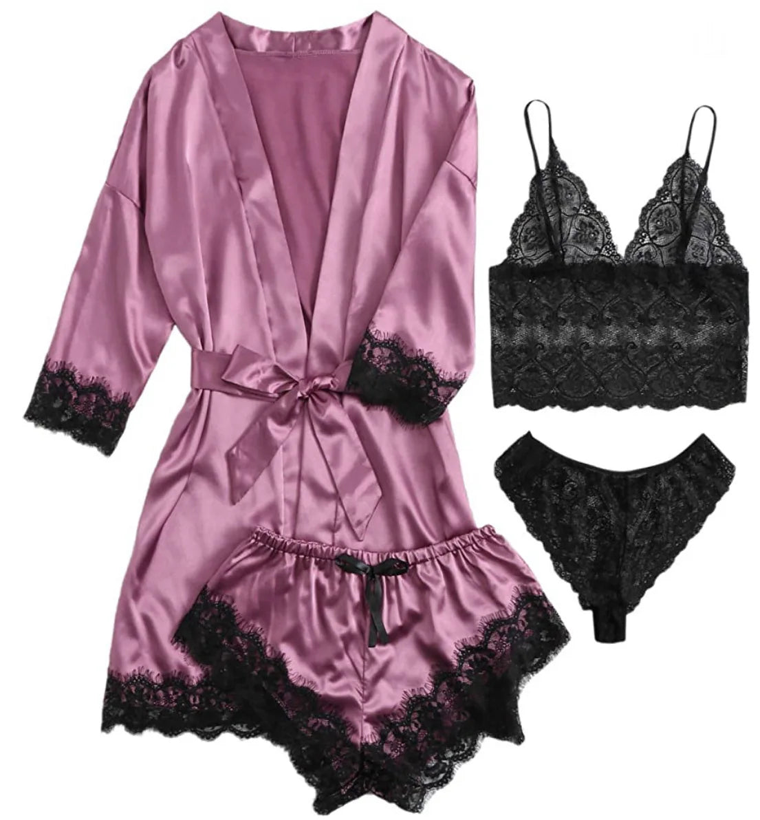 Women Fashion Pajama Print – Sexy Lace Trim Faux Silk Satin Pajama Set Gown, Skin-Friendly Comfort Loungewear, Sexy Pajamas
