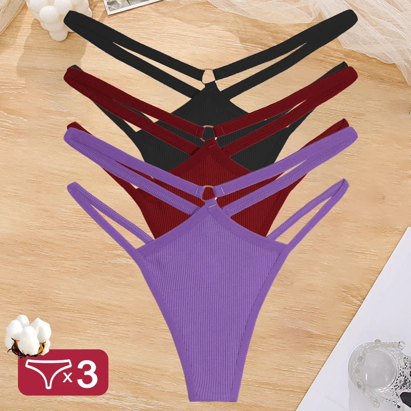 3PCS Set Women's Cotton G-String Thongs – Low Waist, Sexy, Hollow Out, Elastic, Breathable Lingerie