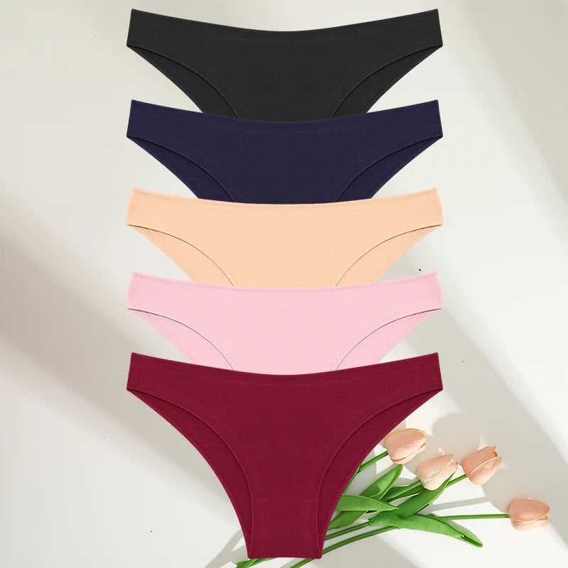 5PCS Set Women's Cotton Panties – Sexy Lingerie, Soft Underwear, Comfortable Briefs, 7 Solid Colors