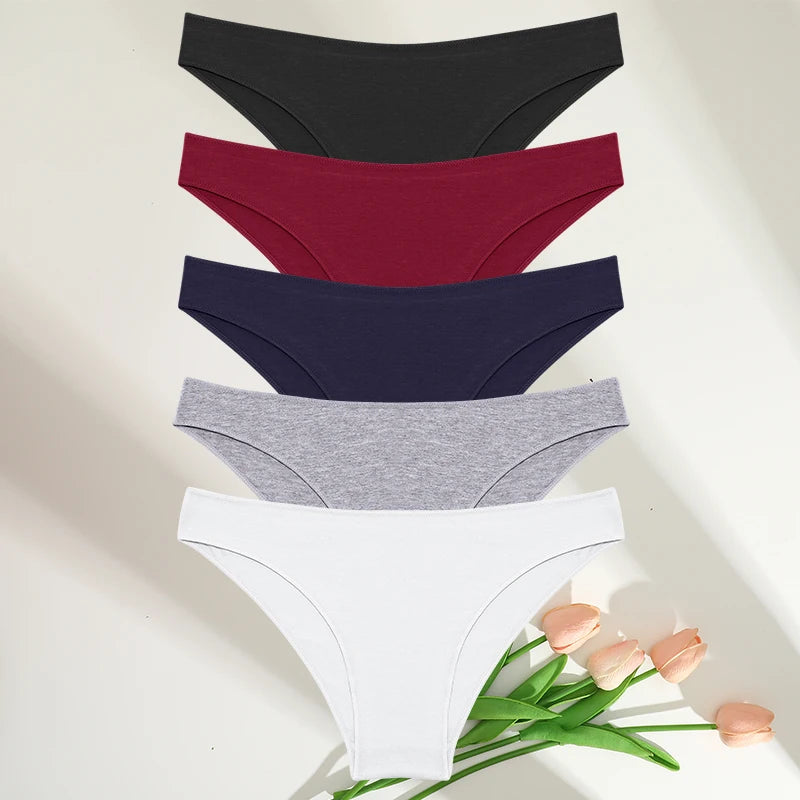 5PCS Set Women's Cotton Panties – Sexy Lingerie, Soft Underwear, Comfortable Briefs, 7 Solid Colors