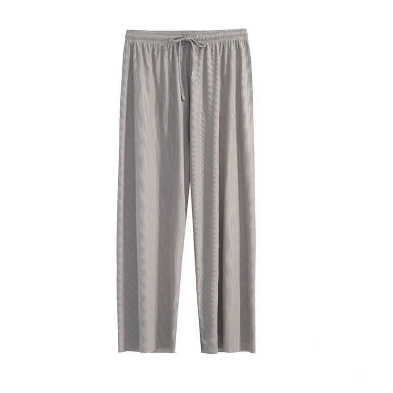 Women Ankle-Length Wide Leg Pants – Casual, Summer, Solid Color, Elastic Waist, Loose Fit, Ice Silk, Spring/Summer