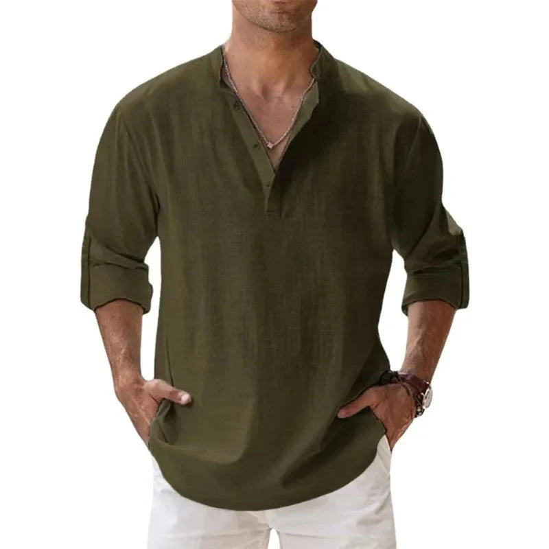 Streetwear Men Lightweight Shirts – Long Sleeve Henley Cotton Linen Shirts for Men, Beach Hawaiian Shirts, Breathable Collar T-shirts