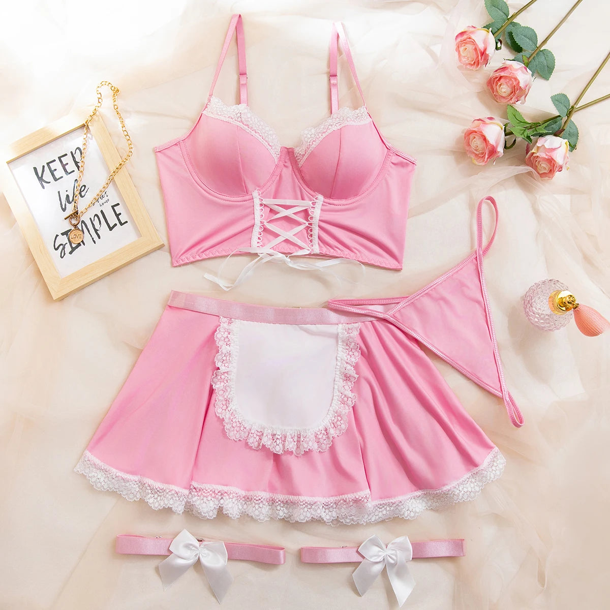 Maid Cosplay Lingerie Set – 5-Piece Sexy Lace Apron Uniform with Bow & Bandage Details