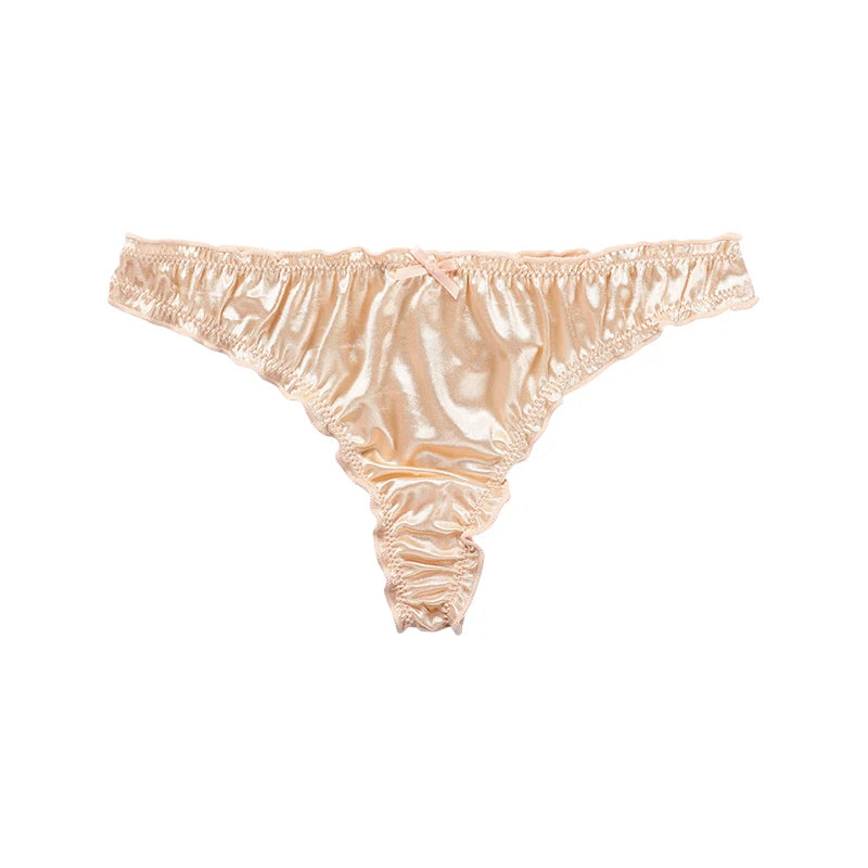 Ladies Frill Trim Satin Panties – 100% Ice Silk, Seamless, No Show, Invisible Briefs, Tanga Style