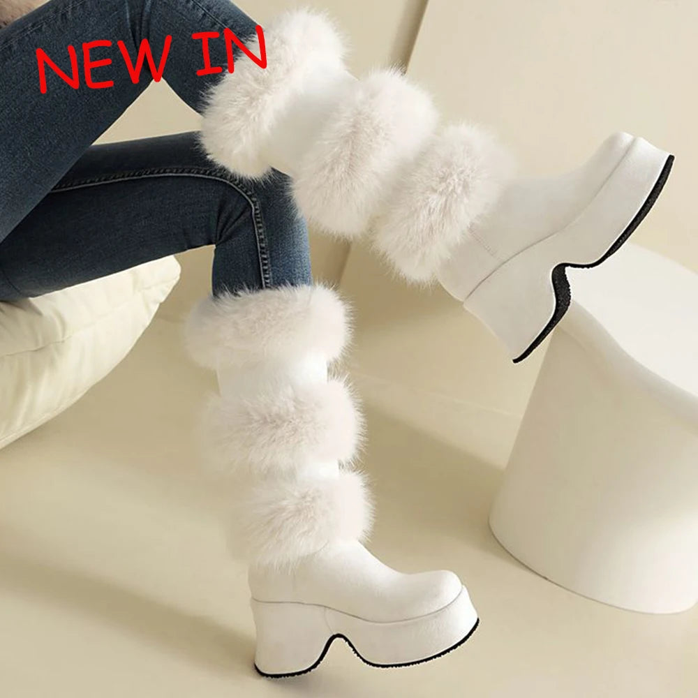Platform Furry Boots – Chunky High Heeled Winter Autumn Knee High Boots, Women Faux Fur Zip, Gothic Style Punk Shoes Ladies