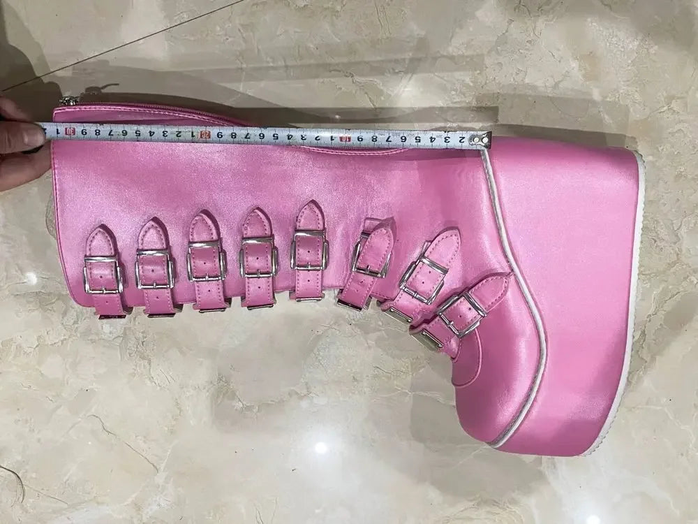 Women Boots Cosplay – High Heel Platform Wedge Boots with Gothic Buckle Strap Design