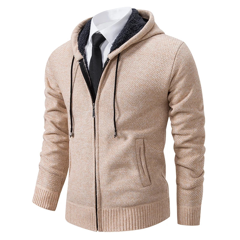 Jersey Men's Casual Sports Coat – Solid Color Stand Collar Sweater, Fleece-Lined, Warm Zipper Cardigan