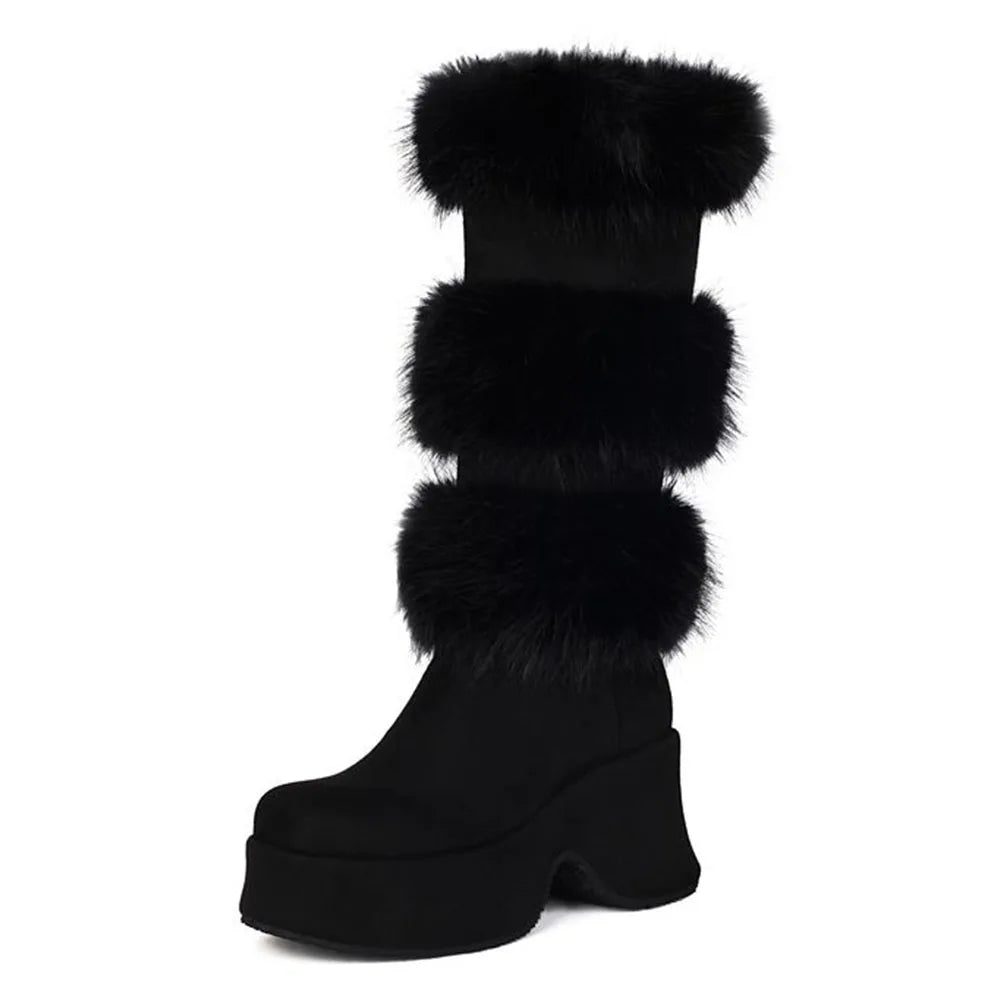 Platform Furry Boots – Chunky High Heeled Winter Autumn Knee High Boots, Women Faux Fur Zip, Gothic Style Punk Shoes Ladies