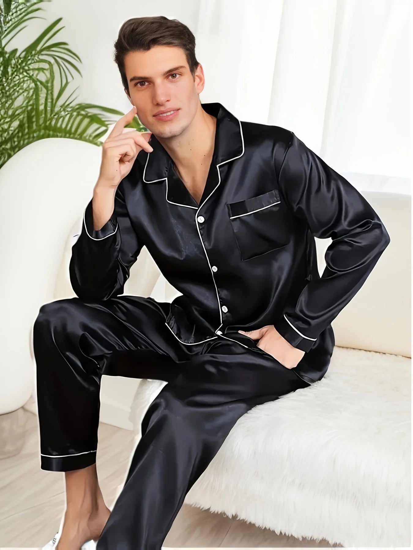 Men's Pajama Set – Microfiber Silk, Long Sleeve Shirt, Comfortable Nightwear, Plus Size Home Loungewear